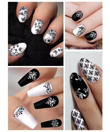 EBANKU Black White Nail Polish Strips - 12 Sheets Full Wrap Adhesive Stickers with Nail File - Leaves Flower Vine Pattern for Women's Nail Art Decorations - Buy Online on GoSupps.com