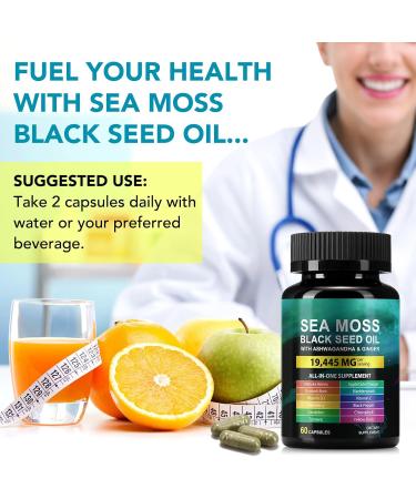 Sea Moss Black Seed Oil Ashwagandha Turmeric Bladderwrack Burdock Root Capsule with Chlorophyll Elderberry Manuka Dandelion Ginger Vitamin C Vitamin D3 Immunity & Energy Support 60 Counts 60 Count (Pack of 1) - Buy Online on GoSupps.com