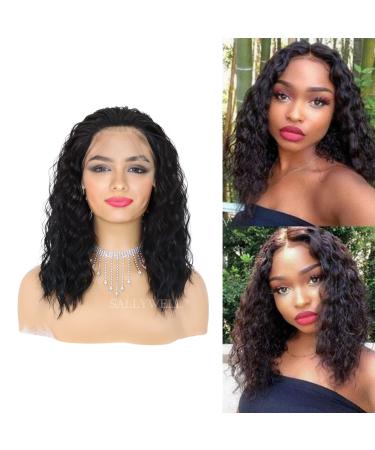 SALLYWELL Lace Front Wigs Glueless Wave Synthetic Wigs Heat Resistant Short Bob Wigs Water Wave Lace Front Wigs Natural Hairline with Baby Hair For Black Women (14 Inch) 14 Inch JSGLC-Black wig