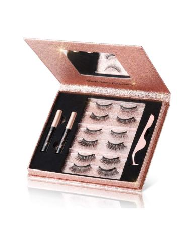 Magnetic Eyelashes with Eyeliner Kit, 6 Pairs 3D Natural Look Reusable False Magnetic Eyelashes, 2 Tubes Long Lasting Magnetic Eyeliner 10mL, Mirror Box with Professional Tweezers - No Glue Needed 2 Count (Pack of 1)