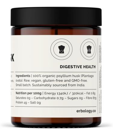 Erbology Organic Psyllium Husk Powder 90g - 45 Servings - Promotes Digestive Health and Regular Bowel Movements - Sustainably Sourced Straight from Farm in India - Small Batch - Vegan - GMO-Free - Buy Online on GoSupps.com