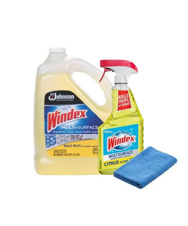 Plexon Microfiber Cleaning Cloth with Fresh Scent Multisurface Cleaner Spray 23 Fl Oz and 1-Gallon (128 Fl Oz.) Windex Cleaner Spray Refill