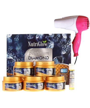 Nutriglow Platinum, Diamond & Gold Facial Kit For Brightening, Glowing Skin, Spotless Skin, Remove Tanning, All Skin Types, 250gm+10ml With Hair Dryer, Pink