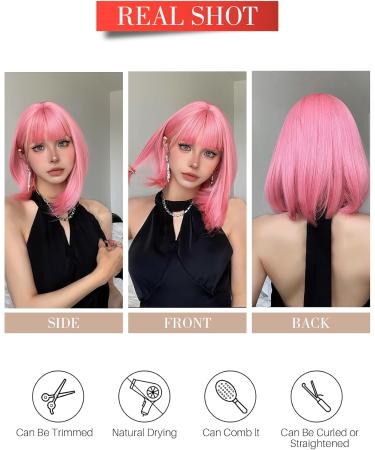 Short Pink Bob Wig with Air Bangs | Shoulder Length Soft Hair Wig for Women | Perfect for Halloween Cosplay and Parties - Buy Online on GoSupps.com