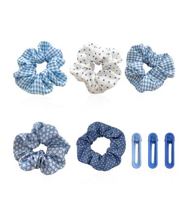 5 Pieces Of Hair Ties 3 Pieces Of Hair Clips Women'S Hair Ties Plaid And Polka Dot Hair Ties Blue Plaid Hair Accessories Ponytail Hair Accessories Fluffy And Cute Hair Ties