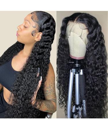 Human Hair Wigs for Black Women Brazilian Deep Wave Lace Front Wigs Human Hair Pre Plucked 150% Density Deep Curly Wave Wigs With Baby Hair Natural Color 30-Inch 30 Inch (Pack of 1) Lace frontal wig