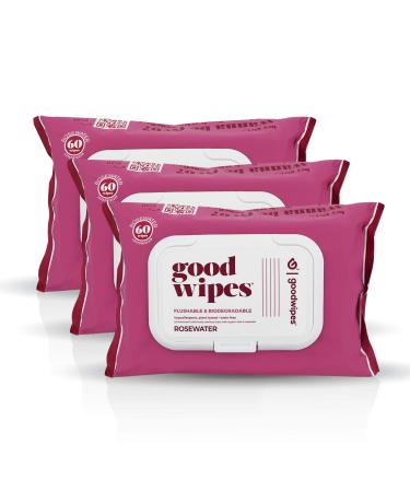 Goodwipes Flushable & Plant-Based Wipes with Botanicals | Dispenser for At-Home Use | Rosewater with Aloe Septic and Sewer Safe | 180 count (3 packs) - Biggest Adult Wipes 60 Count (Pack of 3)