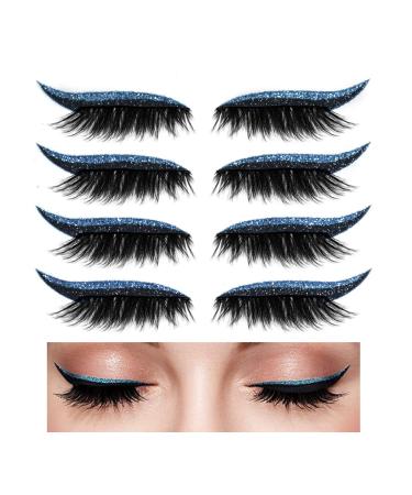 Aaiffey Eyeliner Sticker with Eyelashes Reusable Eyelashes & Eyeliner Stickers Natural & Waterproof Eyelashes Makeup Stickers Instant for Women 4 Pairs (E117) (Blue)