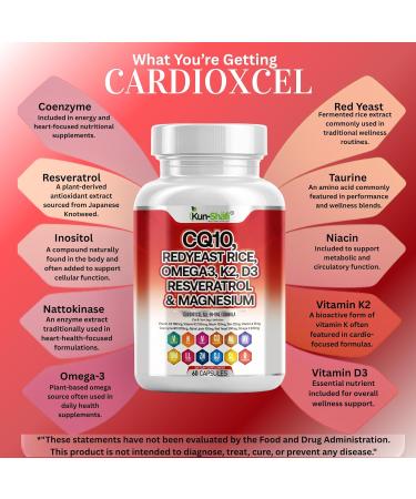 Kun Shafi COQ10 250mg Red Yeast Rice Omega-3 PQQ Nattokinase Resveratrol & More Heart & Cardiovascular Support Supplement for Women & Men with Vitamin D3 K2 E Zinc 60 Ct - Buy Online on GoSupps.com