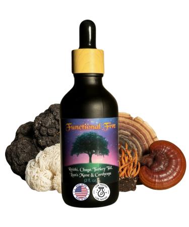 Sporenity Premium Functional Five Mushroom Extract Lion's Mane Cordyceps Turkey Tail Reishi & Chaga - for Memory Calm Immune Support Gut Health & Endurance Liquid Drops 2oz (60ml)