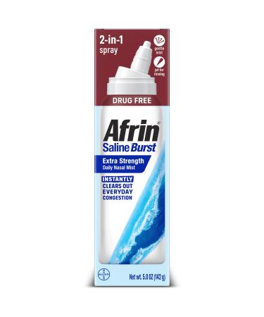 Afrin Saline Burst Extra Strength Daily Nasal Mist, Nose Spray for Everyday Congestion Relief, Hypertonic Seawater Saline Nasal Spray with Dual Nozzle, Drug Free Sinus Rinse, 5 oz