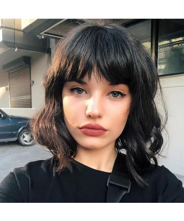 Yamel Wavy Bob Wig with Bangs off Black Wig Synthetic Hair Shoulder Length Short Curly Wigs for Women Wavy off Black