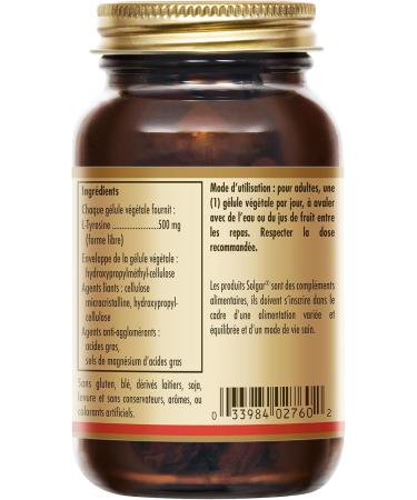 Solgar L-Tyrosine 500mg - Amino Acid - High Quality - Nervous System - Food Supplement - Bottle of 50 Vegetable Capsules - Buy Online on GoSupps.com