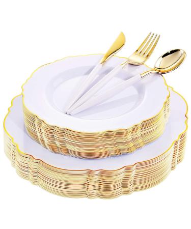 WDF 30Guest Gold Plastic Plates Disposable - Gold Plastic Silverware With White Handle Baroque Plates Disposable for Weddings, Parties, Bridal Shower