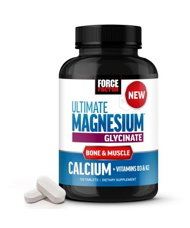 Force Factor Ultimate Magnesium Glycinate, Calcium & Vitamins D3 & K2, Bone Strength Supplement for Women, Muscle Relaxation, Nerve Function & Healthy Bones, Easy to Swallow Glaze Coating, 120 Tablets