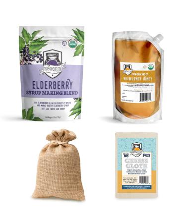 Fermentaholics USDA Organic Dried Elderberry Syrup Making Kit - Make Your Own Elderberry Syrup - Elderberries Syrup Spice Blend - Honey - Cheese Cloth