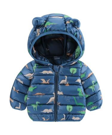 Baby Puffer Jacket Toddler Winter Coat Baby Boys Girls Hooded Outerwear Lightweight Padded Jackets with Blue Dinosaur 1-2 Years Blue Dinosaur 1-2 Years