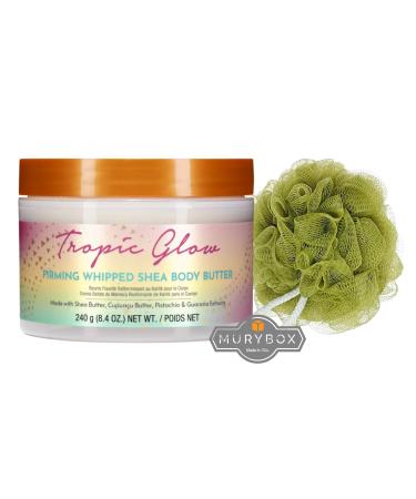 TreeHut Tropic Glow Firming Whipped Body Butter 8.4 oz with Natural Shea Butter for Nourishing Essential Body Care + Mesh Bath and Shower Sponge for a Exfoliating + MB Sticker. Shea Tropical 8.4 Ounce (Pack of 1)