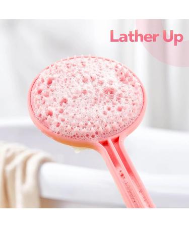 Long Handled Pink Silicone Body Scrubber for Women - Double Sided Scrub Brush with Hook - Buy Online on GoSupps.com