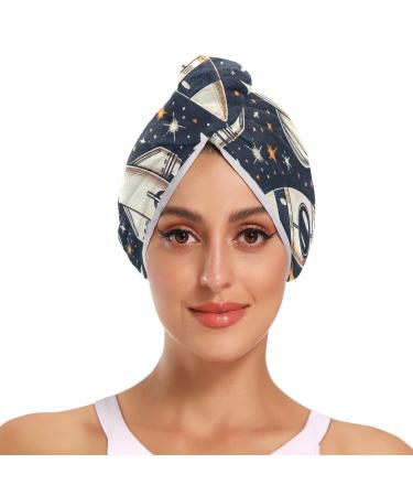 Hand Drawn Seamless Space Hair Towel 2 Pack Super Absorbent Hair Drying Towel Quick Dry Hair Turbans Head Towel with Button Twisty Wrap for Women Girls