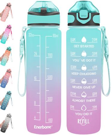 Enerbone 32 oz Water Bottle with Times to Drink and Straw, Motivational Drinking Water Bottles with Carrying Strap, Leakproof BPA & Toxic Free, Ensure You Drink Enough Water for Fitness Gym Outdoor Green-Purple