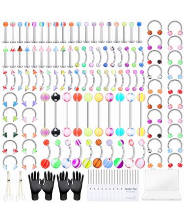 144PCS Piercing Kit for All Piercings,Cludoo Professional Body Piercing Kit Stainless Steel 14G 16G Colorful Piercing for Belly Button Septum Lip Nose Tongue Tragus Cartilage Daith Eyebrow
