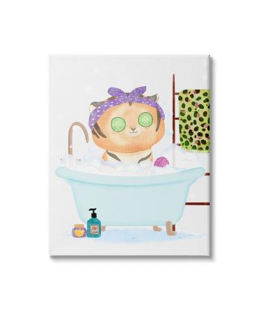 Stupell Industries Children's Tiger Bubble Bath Cute Safari Animal Bathroom Canvas Wall Art  16 x 20  White 16x20 White