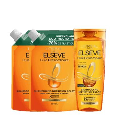 L'Oréal Paris – Elsève Huile Extraordinaire Routine: 1x Amla Shampoo for Curly and Very Dry Hair + 2x Ecopacks Refills - Amla Oil