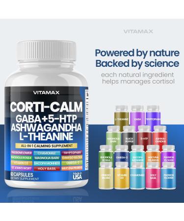 Corti-Calm Cortisol Supplement L Theanine Ashwagandha Vitamin D 3 GABA for Relaxation Fatigue & Focus with Ginkgo Biloba Bacopa Monnieri 5-HTP Non-GMO Made in USA 60ct - Buy Online on GoSupps.com