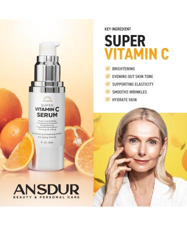 ANSDUR Super Vitamin C Serum for Women 70+: Anti-Aging Hydrating Face Serum with Niacinamide Bakuchiol & Hyaluronic Acid - Korean Skincare 1 fl oz - Buy Online on GoSupps.com