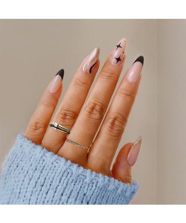 JUSTOTRY 24 Pcs Swirl Glitter Short False Nails Stiletto with Star Black French Press on Nails Pattern Fake Nails with Nail Glue Almond Medium Stick on Nails for Women Nails Fake Nail for Nails Art black&glitter 5