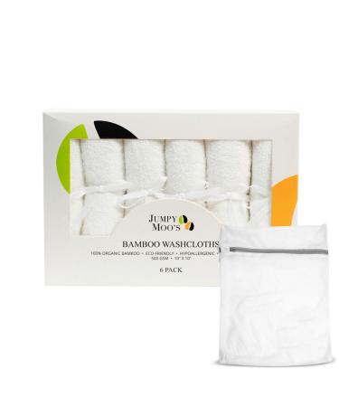 Jumpy Moo's JM Bamboo Baby Washcloths (6 Pack) - Soft, Absorbent & Hypoallergenic Face Towel -10 x 10 inches - Organic Washcloths for Babies and Adults (Includes Laundry Bag) - White White 6 Pack