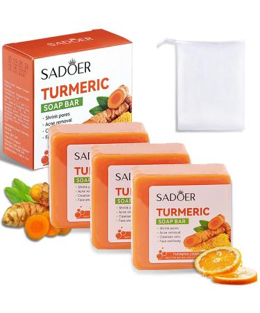 Turmeric Soap Bar for Face & Body Clean 3 Pcs Handmade Bar Soap with Coconut Oil & Glycerin Gentle Soap for All Skin Types Deep Cleansing Smooth Skin Men's and Women's Soap Set 3.5 Oz x 3 Bars