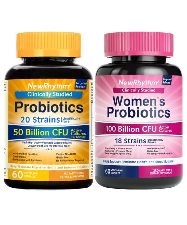 NewRhythm Gut Balance Bundle Probiotics 50 Billion CFU & Women s Probiotics (100B CFU) Daily Gut Health Support Complete Feminine Care 120 Capsules Total (Pack of 2)