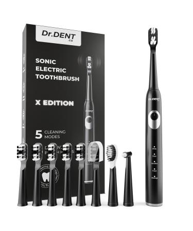 DrDent X Edition Sonic Electric Toothbrush - 8 Dupont Brush Heads - 5 Cleaning Modes with Smart Timer - Interdental and Tongue Cleaner Brush Head Included - One Charge Lasts 60 Days