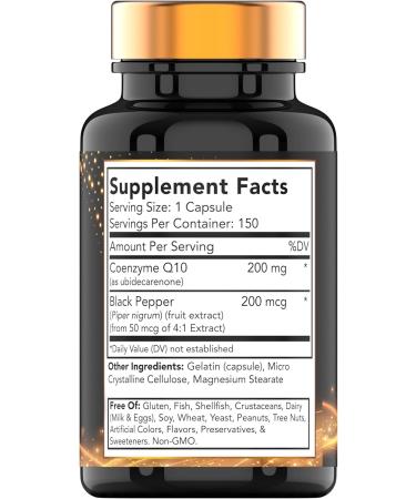 CoQ10 200mg Capsules with Black Pepper Extract - 150 Count | Max Absorption Antioxidant Supplement | 5 Month Supply | Boost Energy & Fight Free Radicals - Buy Online on GoSupps.com