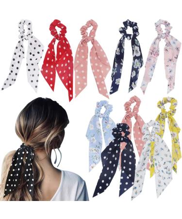 FZBNSRKO 10 Pack Scrunchies Scarf for Hair Printed Flower Long Headband Ponytail Holders Floral Scarf Scrunchy Head Tie for Women and Girls(Random Color)