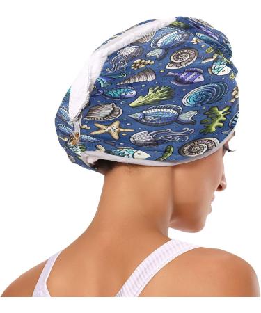 Sea Life Dry Hair Cap & Quick Drying Towel Set - Super Absorbent Soft Comfortable - 2 Piece with Button Headband - Ideal for International Shipping - Buy Online on GoSupps.com