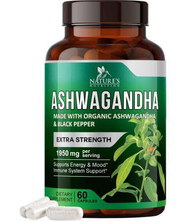 Organic Ashwagandha Capsules - Pure Organic Ashwagandha Powder & Root Extract Capsules - Extra Strength Stress Support Plus Thyroid Support Supplement - Vegan Gluten Free Non-GMO - 60 Capsules 60 Count (Pack of 1)