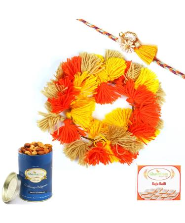 Ghasitaram Gifts Rakhis Online - Rakhi for Brother-RM-268 Bhaiya Bhabhi Rakhi with 100 GMS of Dryfruits Mix Can 200 GMS of Kaju katli Rakhi Set & 100g Dryfruits Mix Can 200g Kaju katli