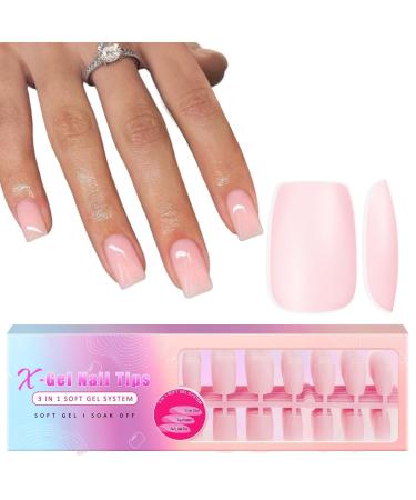 KQueenest Pretty Pink Gel Nail Tips Medium Short Square Soft Gel Press on Nails Natural Acrylic Fake Nails Short Pre-colored Gel x Nail Tips For Girls Women DIY Home Salon Nail Art 300 Pcs No Glue medium short square pink