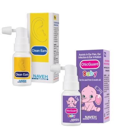 1 Unit Naveh Pharma CleanEars Earwax Removal Spray 1 Fl Oz + 1 Unit of NAVEH PHARMA Otic Guard Baby Ear Infection Spray 1 Fl Oz