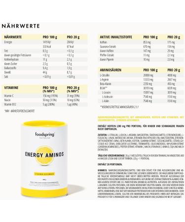 foodspring Energy Aminos Lemon | Plant-Based Pre-Workout Drink with BCAAs & High-Dose Caffeine | 400g - Boost Energy & Performance - Buy Online on GoSupps.com