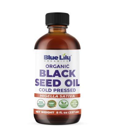 Blue Lily Organics - Organic Black Seed Oil 8 oz, USDA Certified, 100% Cold Pressed from Nigella Sativa, Omega 3 6 9, Super Antioxidant for Immune Support, Digestion, Hair & Skin, Vegan & Non-GMO