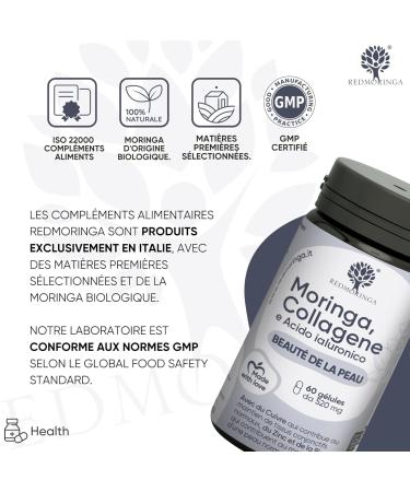 Collagen and Hyaluronic Acid with Copper Zinc Biotin Vitamin A B2 B3 C Moringa Bio | Supplement for Skin and Joints | Anti-Wrinkle | Made in Italy RedMoringa (180 Capsules) - Buy Online on GoSupps.com