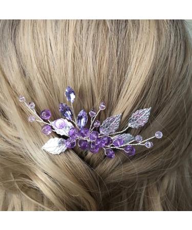 YERTTER Wedding Crystal Leaf Bridal Hair Comb Clip Pearl Wedding Hair Accessories for Bride Bridesmaid Flower Girls (Purple and Silver)