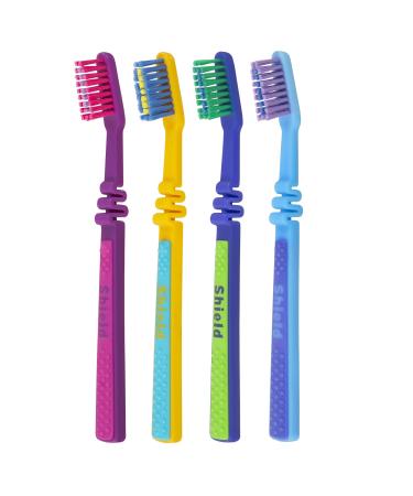 Shield Care Flex Junior Toothbrush with Spring Neck  Maximum Oral Care for Kids - Super Soft Bristles  4 Colors - 4 Count (Pack of 1)