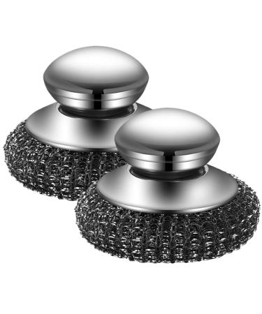 Stainless Steel Scrubber 2Pcs Metal Scourer with Handle Hand Caring Replaceable Kitchen Cleaning Brush for Dishes Pan Pot Stove Plate
