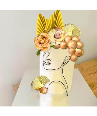 Champagne Acrylic Lady Face Cake Topper with Gold Leaves for Wedding & Birthday Party - Buy Online on GoSupps.com