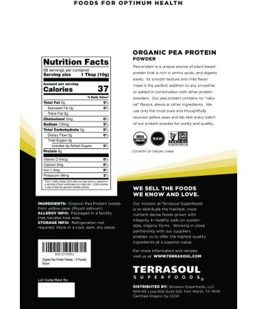 Terrasoul Superfoods Organic Pea Protein Powder - Unflavored Smooth Texture - 1.5 lbs - Buy Online on GoSupps.com